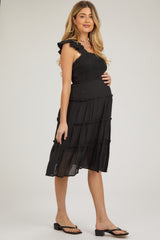 Black Sleeveless Smocked Tiered Maternity Midi Dress