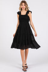 Black Sleeveless Smocked Tiered Maternity Midi Dress