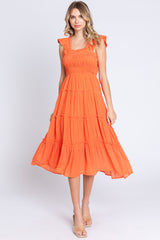 Orange Sleeveless Smocked Tiered Midi Dress