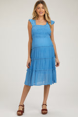 Blue Sleeveless Smocked Tiered Maternity Midi Dress