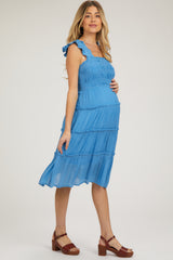 Blue Sleeveless Smocked Tiered Maternity Midi Dress