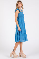 Blue Sleeveless Smocked Tiered Midi Dress