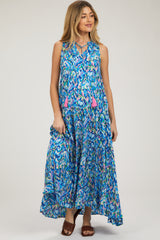 Blue Sleeveless V-Neck Ruffle Neck Tiered Maternity Maxi Dress