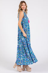 Blue Sleeveless V-Neck Ruffle Neck Tiered Maxi Dress