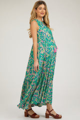 Green Sleeveless V-Neck Ruffle Neck Tiered Maternity Maxi Dress