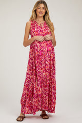 Magenta Sleeveless V-Neck Ruffle Neck Tiered Maternity Maxi Dress