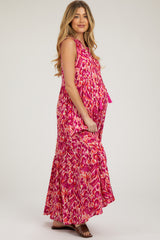 Magenta Sleeveless V-Neck Ruffle Neck Tiered Maternity Maxi Dress