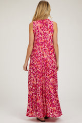 Magenta Sleeveless V-Neck Ruffle Neck Tiered Maternity Maxi Dress