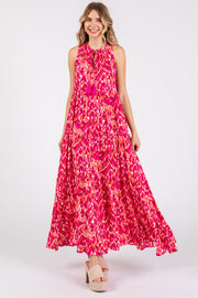 Magenta Sleeveless V-Neck Ruffle Neck Tiered Maxi Dress