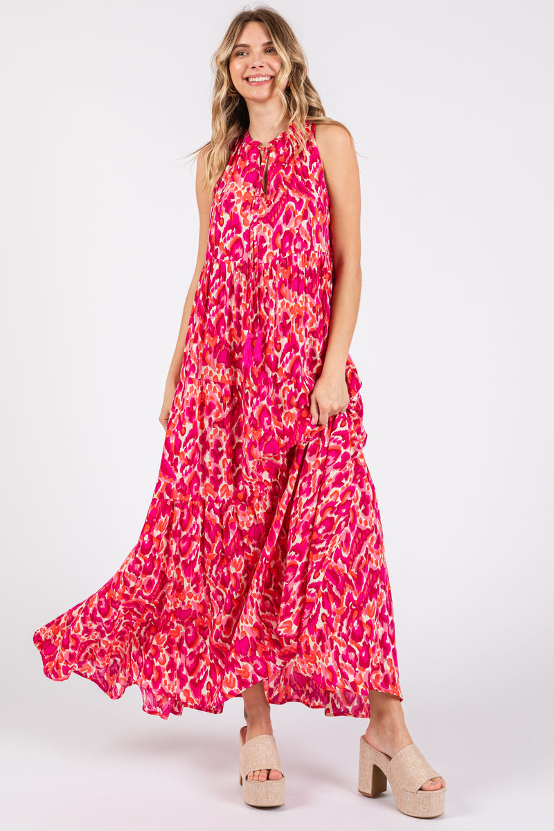 Magenta Sleeveless V-Neck Ruffle Neck Tiered Maxi Dress – PinkBlush