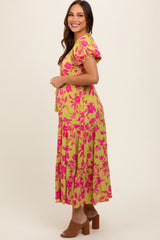 Lime Floral Off Shoulder Puff Sleeve Maternity Midi Dress