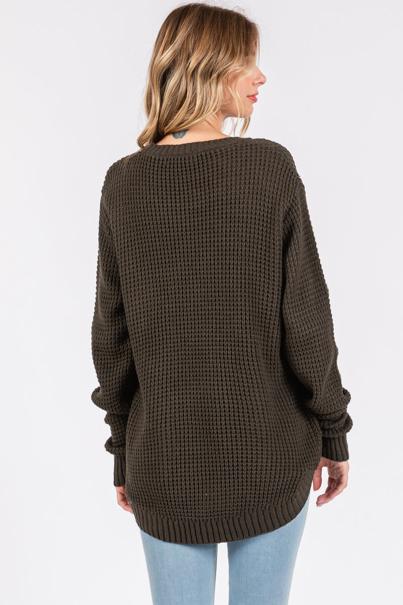 Olive Waffle Knit Round Hem Sweater Pinkblush