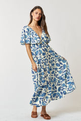 Blue Floral Deep V-Neck Ruffle Maternity Midi Dress