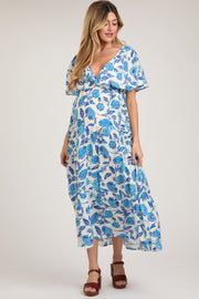 Blue Floral Deep V-Neck Ruffle Maternity Midi Dress