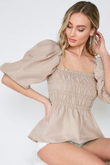 Taupe Smocking Balloon Sleeves Peplum Top