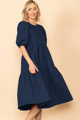 Navy Poplin Tiered Midi Dress