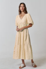 Yellow Gingham Puff Sleeve Tiered Midi Dress