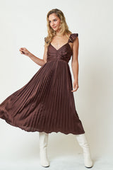 Brown Sleeveless Pleated Dress