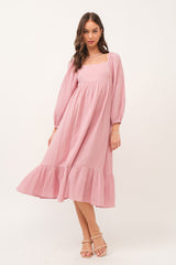 Pink Gauze Square Neck Long Sleeve Maternity Midi Dress