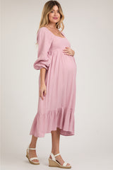 Pink Gauze Square Neck Long Sleeve Maternity Midi Dress