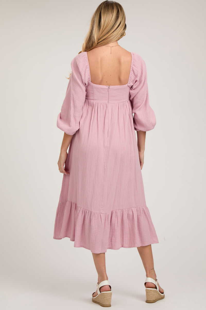 Pink Gauze Square Neck Long Sleeve Maternity Midi Dress – PinkBlush