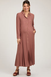 Rust Collared Button Down Long Sleeve Maternity Maxi Dress