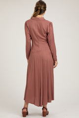 Rust Collared Button Down Long Sleeve Maternity Maxi Dress