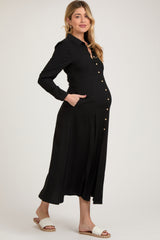 Black Collared Button Down Long Sleeve Maternity Maxi Dress