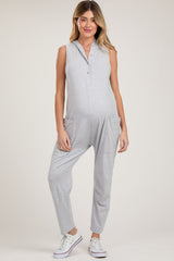 Heather Grey Hooded Button Up Maternity Jumpsuit