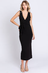 Black Rib Knit Side Tie Maternity Midi Dress