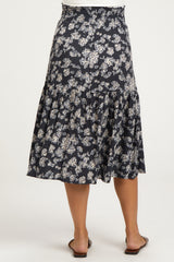 Navy Blue Floral Smocked Waist Ruffle Hem Maternity Midi Skirt