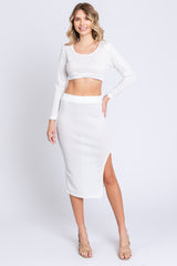 Ivory Ribbed Long Sleeve Crop Top Maternity Skirt Set