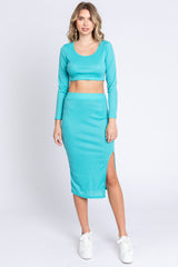 Turquoise Ribbed Long Sleeve Crop Top Maternity Skirt Set