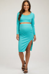 Turquoise Ribbed Long Sleeve Crop Top Maternity Skirt Set