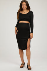 Black Ribbed Long Sleeve Crop Top Maternity Skirt Set