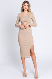 Beige Ribbed Long Sleeve Crop Top Skirt Set