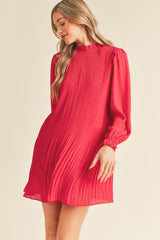 Red Pleated High Neck Mini Dress