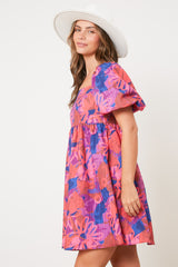 Pink Floral Square Neck Puff Sleeve Dress