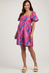 Pink Floral Square Neck Puff Sleeve Maternity Dress