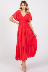 Red Smocked Flutter Sleeve Midi Dress