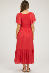 Red Smocked Flutter Sleeve Maternity Midi Dress