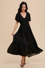 Black Smocked Flutter Sleeve Maternity Midi Dress