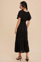 Black Smocked Flutter Sleeve Midi Dress