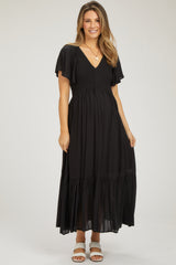 Black Smocked Flutter Sleeve Maternity Midi Dress