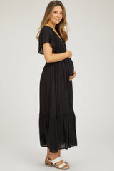 Black Smocked Flutter Sleeve Maternity Midi Dress