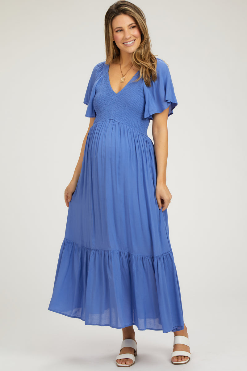 Blue Smocked Flutter Sleeve Maternity Midi Dress– PinkBlush