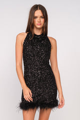 Black Sequin Halter Party Dress