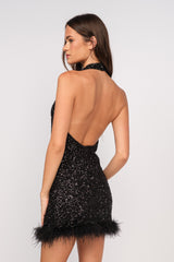 Black Sequin Halter Party Dress