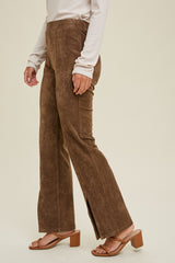 Mocha Suede Pants With Front Slit Detail