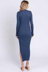 Navy Ribbed Mock Neck Side Slit Midi Dress